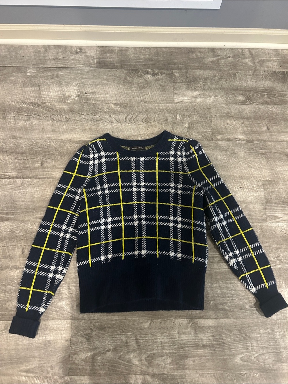 Banana Republic Navy Plaid Crewneck Sweater with Yellow Grid